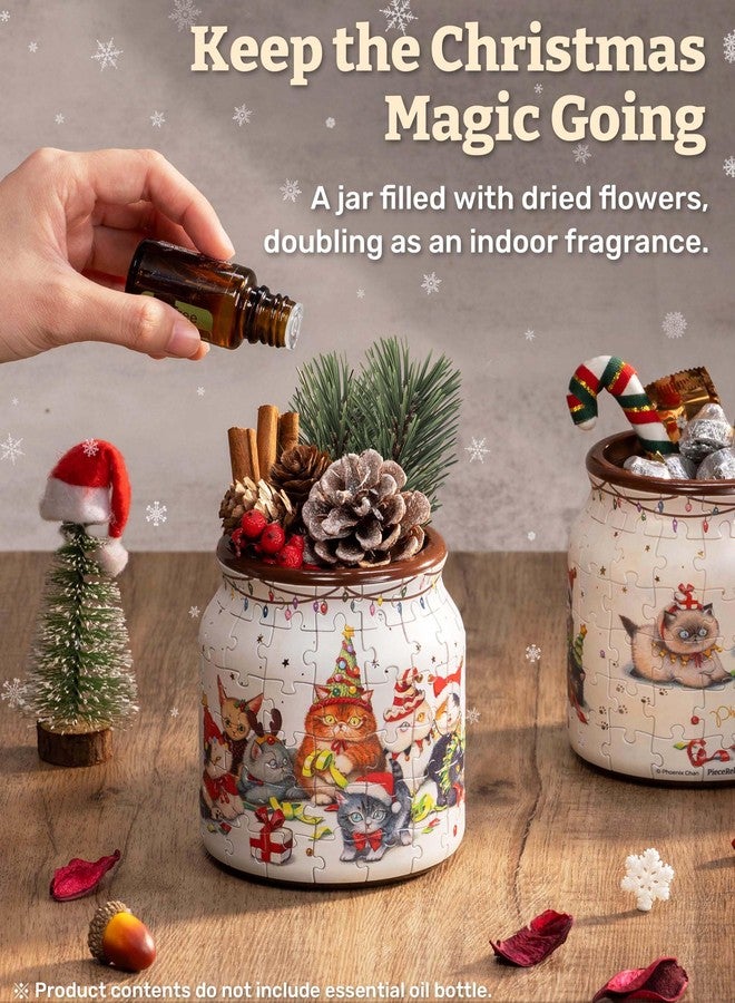PieceRelax 3D Puzzle Jar 96 Plastic Pieces, Includes Dried Flowers - Phoenix Chan - Purrfect Christmas Party Use Includes Divider as a Pen or Utensil Holder with Wooden Lid [BB1052] - Image 3
